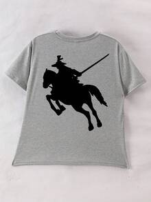 This Casual Gray Round Neck T-Shirt Features A Horse Riding Print Design, Very Suitable For Boys And Big Kids To Wear. Whether It's For Going To School, Shopping, Creating A Street Style, Or Vacationing, It Is An Excellent Choice. It Is Not Only An Ideal Daily Wear Item, But Also A Thoughtful Gift For Family And Friends. - Grey - View 5