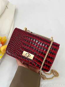 Quilted Diamond Chain Shoulder Bag, Small Square Crossbody Bag, Glossy PU Material, Chain Strap, Metal Lock Clasp Decor - Burgundy - View 7