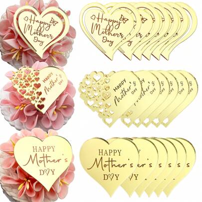 6/10 件装 母亲节快乐 心形设计 金色镜面亚克力纸杯蛋糕装饰 甜点装饰 母亲节派对供应商