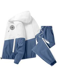 Bộ đồ thể thao nam 2 món phối màu tương phản, bao gồm áo khoác có mũ in họa tiết và quần. - Màu xanh lam - Xem 4