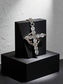 Elegant Cross With Crown Detail Necklace - Women's Delicate CZ Embellished Accessory - White Gold - View 2