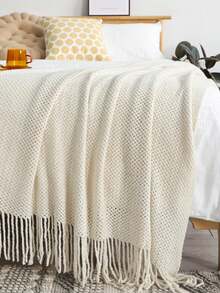 1 Diamond Grid Textured Knit Throw Blanket, Soft And Comfortable, Suitable For All Seasons, Suitable For Sofa, End Of Bed, Travel, Home Decor - Mixed Color Geometric Pattern, Acrylic Fabric - 網格巾米色 - 查看 2