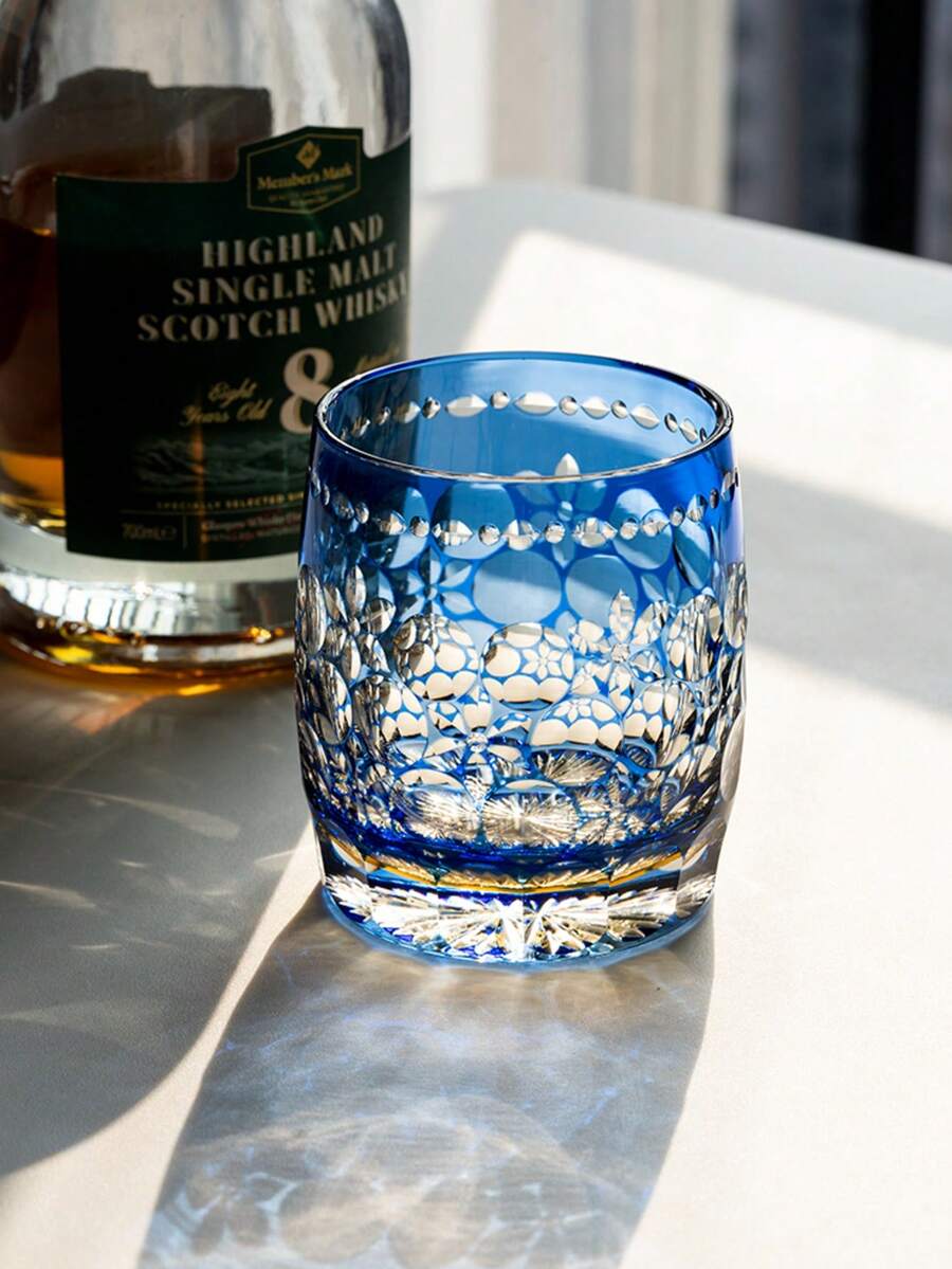 1只玉舞切割蓝色威士忌酒杯，古典手工吹制水晶杯，手工雕刻水晶玻璃杯，高端酒杯，330毫升/11.62盎司
