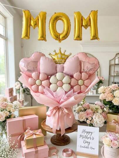 10pcs/Set Mother's Day Party Decoration Balloon Set, DIY Balloon Bouquet, 16" Gold "MOM" Foil Balloon, Matte Pink Bow Balloons, 18" Cream & Pink Flower Balloons, Mini Gold Crown Foil Balloons, 18" Rose Gold Heart Foil Balloons, Suitable For Wife/Mom Birthday Decor