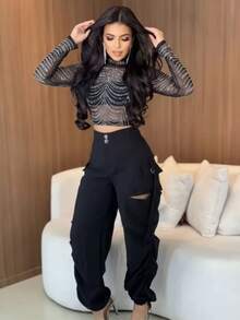 Cropped Long-Sleeved Top With Rhinestones - 黑色 - 查看 3