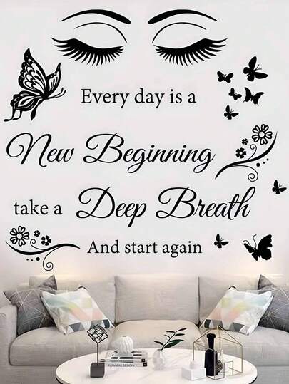 1张“每天都是新的开始”励志墙贴，眼睛和蝴蝶图案，适用于客厅、卧室、教室、办公室、工作室、学校、宿舍等场所。