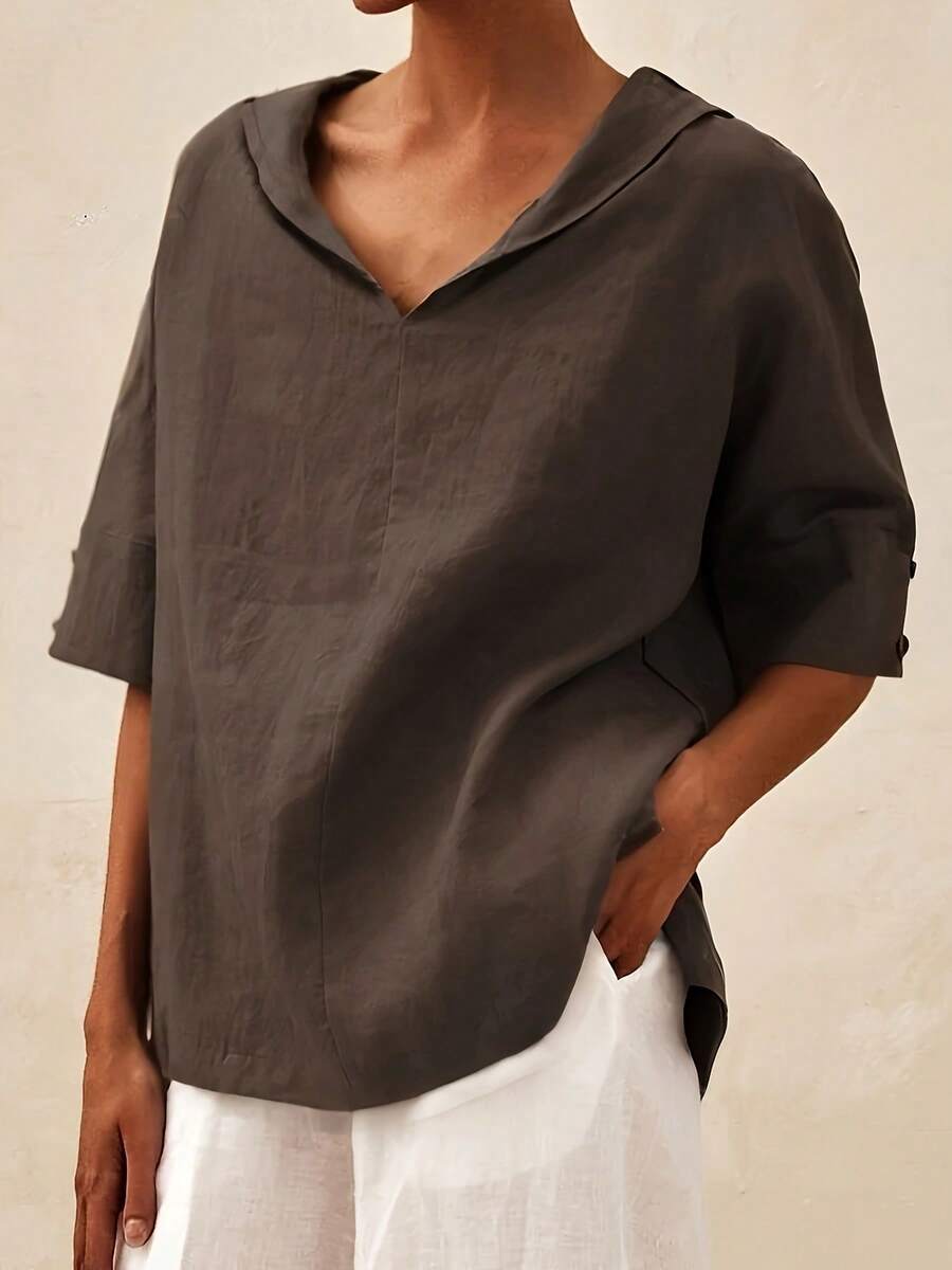Top décontracté à manches courtes, col claudine, couleur unie, léger, grande taille, printemps/été - Marron - Voir 1