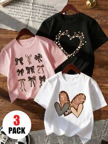 Bộ 3 áo thun ngắn tay cổ tròn in họa tiết dành cho bé gái, thích hợp mặc mùa hè cho học sinh - Áo thun in hình trái tim và nơ nhiều màu sắc mang lại niềm vui và hạnh phúc cho mọi trẻ em! - Hồng - Xem 2