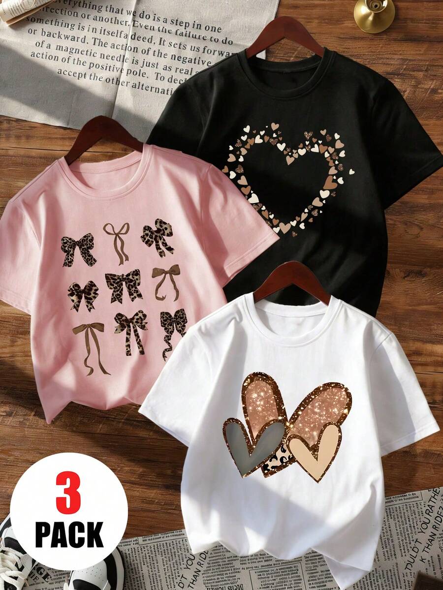 3件套女童休闲印花圆领短袖T恤，夏季学生童装 - 色彩缤纷的爱心蝴蝶结印花T恤，为每个孩子带来欢乐和幸福！ - 粉色 - 查看 1