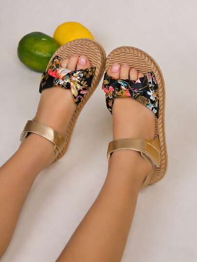 1 Pair Girls' Vintage Satin Flat Sandals, Floral Print Bowknot Strap, Quality PU Hook And Loop Design, Lightweight Foam Woven Flat Sole, Bohemian Style Comfortable For Outdoor, Vacation, Holiday, Suitable For 3-15 Years Old Girls In Summer