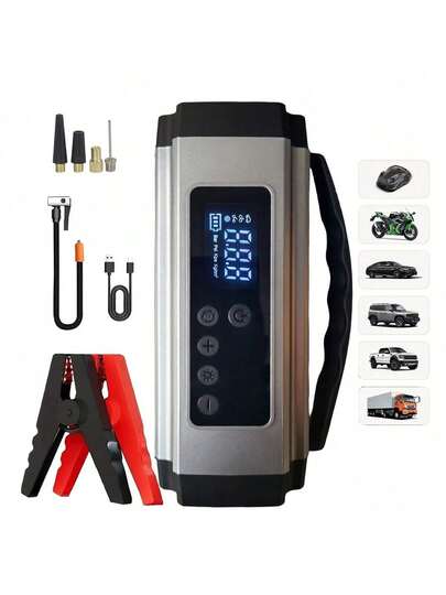 Arrancador portátil de coche 150PSI 2000A - Cargador de batería de coche aislado duradero con pantalla digital, carga rápida Tipo-C y compresor de aire - Adecuado para motores de gasolina de 10L o 9.0L