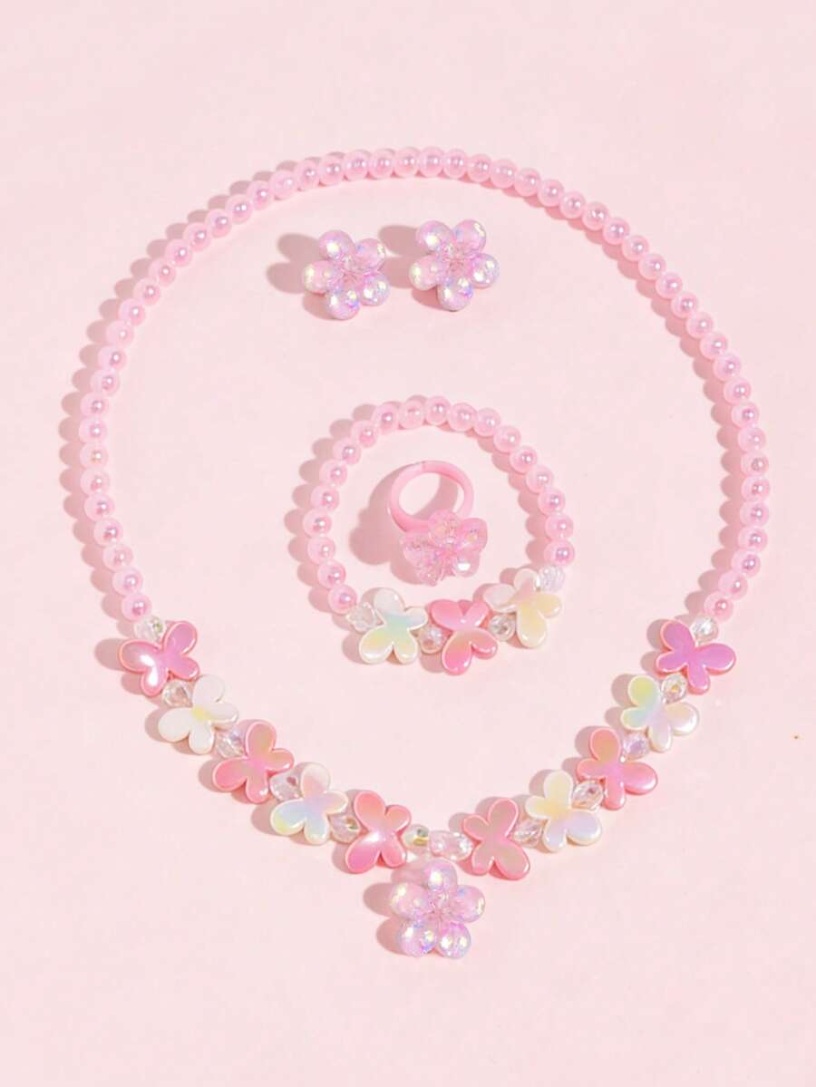 5件套女孩可爱蝴蝶花朵串珠项链、手链、耳环、戒指首饰套装，适合日常佩戴、节日派对、生日礼物 - 均碼 - 查看 1