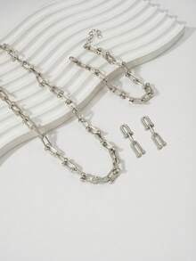 European And American INS Style Jewelry Set: U-Shaped Horseshoe Pendant Necklace, Bracelet, And Earrings - Silver - View 3