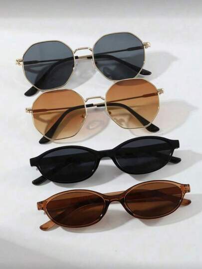 2/4pcs Women's Metal Geometric Frame Glasses Sets, Fashionable Retro Style - Suitable For Street Photography, Beach Vacation, Casual And Daily Wear | Fashion Accessories