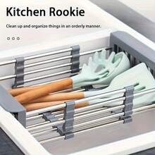 Adjustable Stainless Steel Retractable Dish Drying Rack | Heavy Duty No-Drill Sink Organizer Rack, Space-Saving Drainer Rack With Striped Design, Suitable For Utensils And Cookware, Fits Sink And Countertop, Modern Kitchen Storage, Multi-Function Shelf - Multicolor - View 3