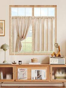 1 pièce Tringle à rideaux avec poche en matériau de lin beige avec franges, rideau carré de style ferme minimaliste, en polyester, rideau court convenant pour la chambre à coucher, le salon, la cuisine, les fenêtres, les portes, les armoires, toutes saisons - Multicolore - Voir 2