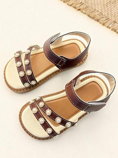 1 Pair Fashionable Summer Toddler Sandals, Girls' Flat Sandals With Pearl Decor, Stylish And Comfortable, Hook And Loop Design, Suitable For Daily Casual Wear, Vacation, Swimming Pool, Wedding And Party