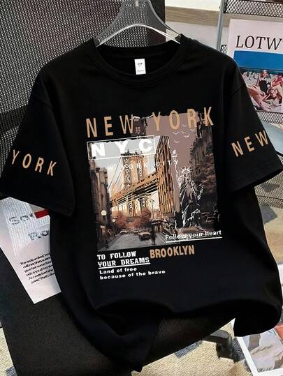 青少年男孩纽约市图案印花短袖T恤，舒适时尚休闲，适合上学、购物、街头穿着和度假，夏季皆宜。