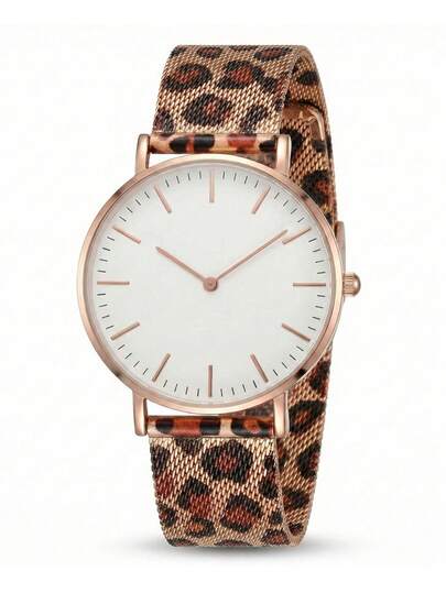 1PC 女士简约表盘豹纹合金表带时尚石英表，玫瑰金表圈和指针，经典休闲腕表，适合日常休闲和时尚穿搭，是生日礼物、情人节礼物或圣诞礼物送给女性朋友的完美之选。日常通勤腕表，派对必备石英女士腕表，优雅女士腕表，是腕表爱好者的完美礼物。