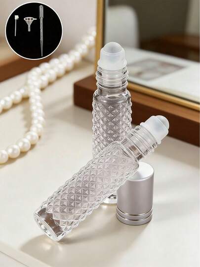 1/4 Pcs Silver Thick Clear Glass Roller Bottles, 10ml Reusable Refillable Leak-Proof Travel Containers With Roller Ball, Droppers, Pump Head & Funnels - Refillable Sampling Blending, Stylish And Simple Design Glass Roller Bottle Set Perfect For Aromatherapy Enthusiasts Travel Perfume Essential Oil Body Oil,Travel Size