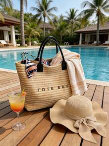 Woven Straw Tote Bag, Beach Vacation "TOTE BAG" Print Straw Handbag, Versatile As Beach Tote, Summer Handbag, Grocery Bag, Bohemian Summer Touch, Suitable For Beach Lovers, Boho Style Enthusiasts, Women, Travelers, Perfect For Beach Trips, Summer Vacations, Casual Outings - 彩色 - 查看 1