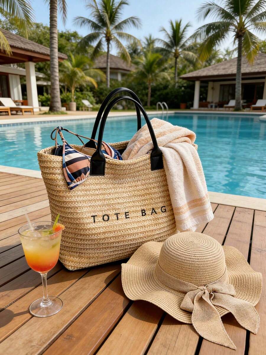 Woven Straw Tote Bag, Beach Vacation "TOTE BAG" Print Straw Handbag, Versatile As Beach Tote, Summer Handbag, Grocery Bag, Bohemian Summer Touch, Suitable For Beach Lovers, Boho Style Enthusiasts, Women, Travelers, Perfect For Beach Trips, Summer Vacations, Casual Outings - 彩色 - 查看 1