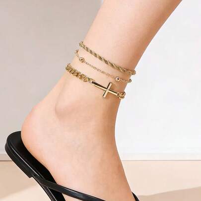 3件套波西米亚风金属合金十字架扭链脚链，适合女性佩戴