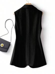 Chaleco de blazer regular de mujer con parche a rayas, unicolor con bolsillo y botón, para uso de oficina en primavera, color negro - Negro - Ver 2