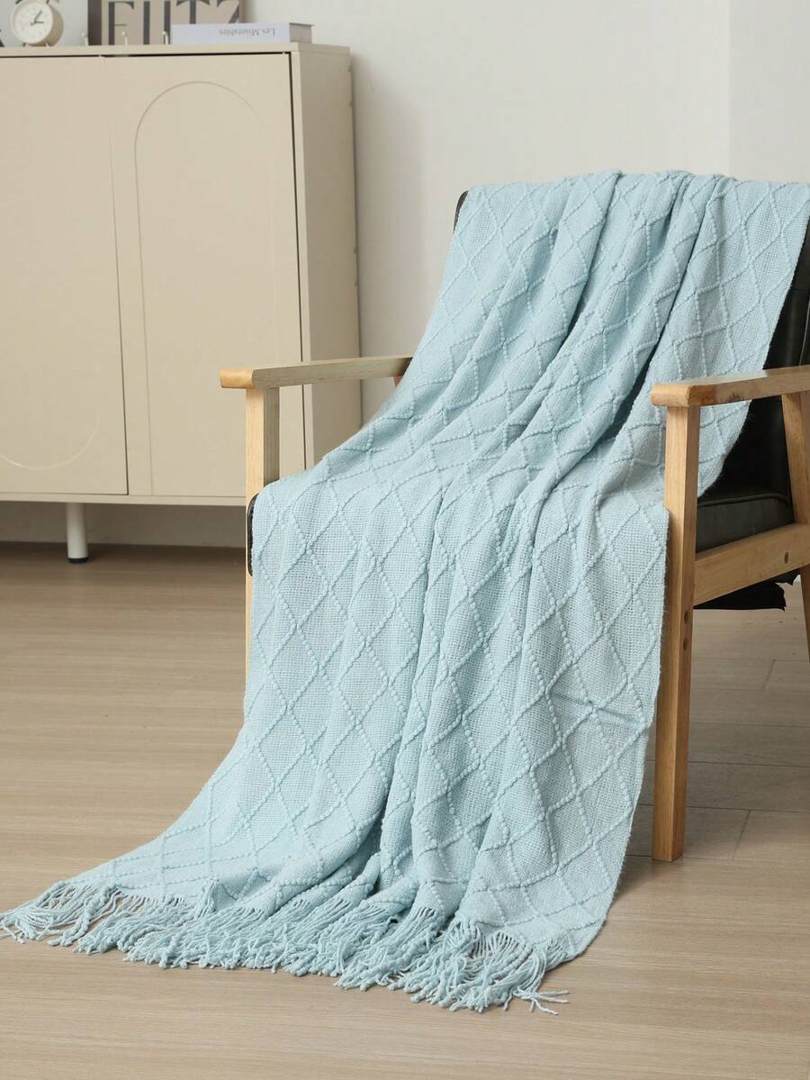 1 Diamond Grid Textured Knit Throw Blanket, Soft And Comfortable, Suitable For All Seasons, Suitable For Sofa, End Of Bed, Travel, Home Decor - Mixed Color Geometric Pattern, Acrylic Fabric - 菱形巾藍色 - 查看 1