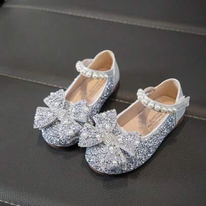 Zapatos de princesa con brillo, diamante de imitación y perlas para niñas, zapatos planos versátiles con lazo y cierre de gancho y bucle