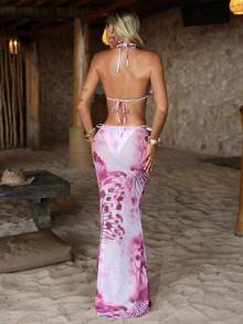 Women's Elegant Summer Beach Vacation Fashion Pink Butterfly Print Halter Bikini Set Set With Skirt, Suitable For Parties, Gatherings, Seaside, Spring, Entertainment Vacation, Romantic, Fashionable Design, Unique, Casual, Bohemian Style, Travel, Daily Recreation - Multicolor - View 6