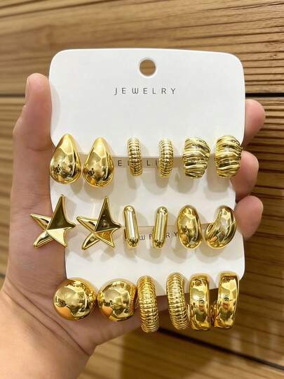 6/18pcs Fashion Earring Set, Including Moon, Water Drop, Small C-Shape, Screw-Back C-Shape Styles, Suitable For Daily And Holiday Wear, Made Of ABS Resin With UV Plating, Non-Fading