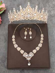 1 Set Alloy Rhinestone Queen Tiara, Elegant Princess Crown Headpiece, 1 Pair Earrings, 1 Necklace, Suitable For Daily Wear, Parties, Weddings And Gifting, Accessories - Multicolor - View 12