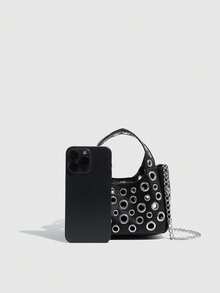 Luxury Designer Handbag - Soft Touch PU Leather, Crossbody Shoulder Bag With Top Handle And Adjustable Strap, Fashionable Spacious Women Rivet Tote - 黑色 - 查看 3
