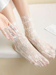 1/5/10双装 女士性感蕾丝花卉时尚超薄透明夏季日系镂空网眼短袜，复古长筒可爱袜子 - 彩色 - 查看 8