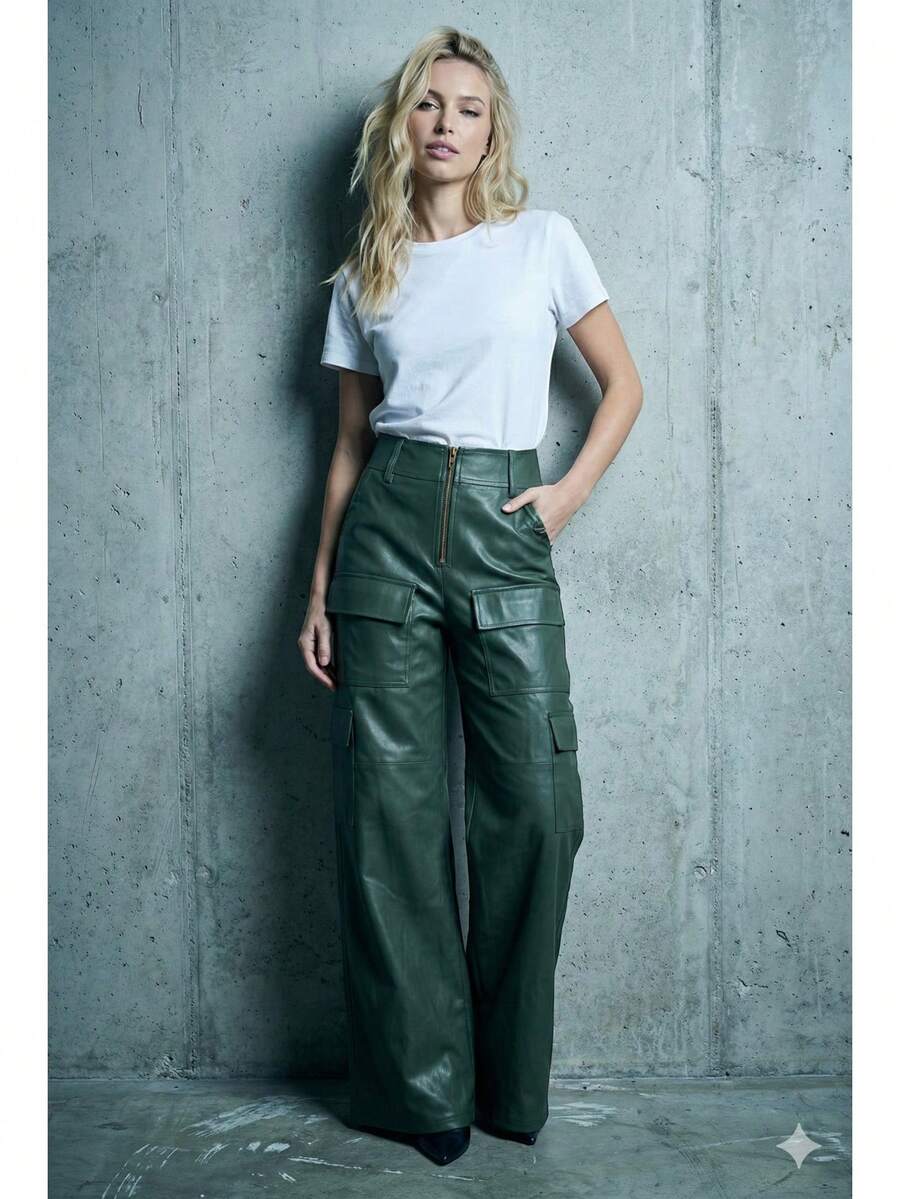 Faux Leather Cargo Pants With Front Pocket - Dark Green - View 1