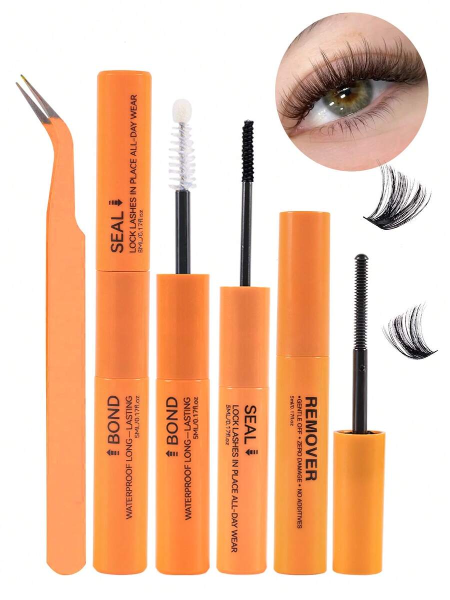 10ml Lash Glue & Sealant Set, Fast-Dry Strong Hold Eyelash Adhesive With Tweezers, Hypoallergenic Fragrance-Free DIY Lash Extension Tools For Perfect Cluster Lashes,Glue And Seal,Eyelash Bond,Lash Glue - 橘色 - 查看 1
