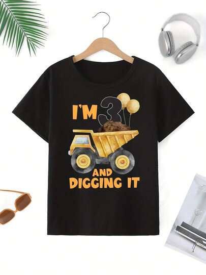 T-Shirt For A Third Birthday Featuring A Dump Truck Design, Perfect For Kids' Parties And A Great Gift For Fans Of Construction Vehicles Summer Fashion T-Shirt Anime Tee