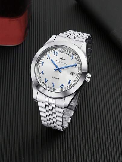  1 pieza Reloj de acero con correa clásico de cuarzo para hombres RICECGO, con pantalla de calendario, adecuado para uso diario, reuniones de negocios, regalo sofisticado de alta gama