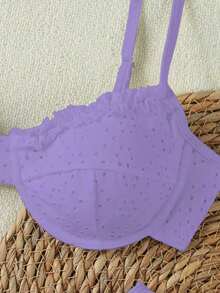 Women's Purple Hollow Out Double Ruffle Trim Bikini Swimsuit Set, Romantic Sexy Beach Vacation 2 Pieces Swimwear, Summer - Purple - View 6