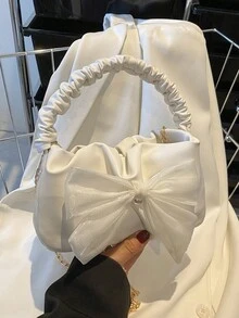 时尚褶皱新月形女士手提包，丝巾蝴蝶结装饰，金属链条肩带，休闲小巧，可手提或肩背，是送给女士的完美情人节礼物，蝴蝶结手提包是情人节的最佳礼物之选。 - 白色 - 查看 7
