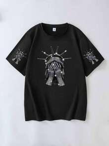 Plus Size A Woman Short-Sleeved T-Shirt With A Cartoon Diamond Statue Of Liberty Covering Face Print. It Is Loose, Comfortable And Breathable, Suitable For Daily Casual Wear In Spring And Summer. Black - Black - View 2