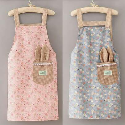 1件装碎花帆布长袖/无袖围裙，透气家务/厨房/烧烤烹饪围裙，女士款