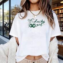 St Patricks Day Tee Unisex Tshirt Green 90s Style Tee Retro Lucky Girl Shirt St Paddys Drinking Shirt Pool Tee Crewneck Tees, Vacation Outfits Spring To Summer Vacation Outfits Women Going Out Tops - 白色 - 查看 1