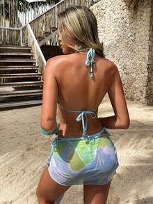 Women's Elegant Fashion Summer Beach Vacation Blue & Green Allover Print Bikini Set Set With Sarong Skirt, Suitable For Parties, Gatherings, Spring, Seaside, Entertainment, Vacation, Romantic, Fashionable Design, Unique, Casual, Bohemian Style, Travel, Daily Leisure - Multicolor - View 6