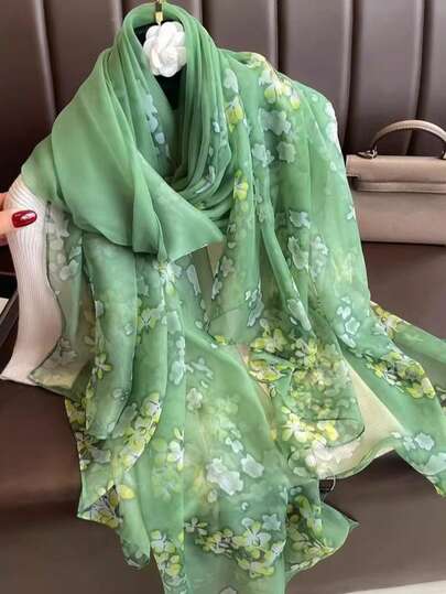 1 szt. Zielony szalik szyfonowy dla kobiet, lekki, wiosenno-jesienny, wszechstronny, artystyczny, podróżny, chroniący przed słońcem szal na szyję