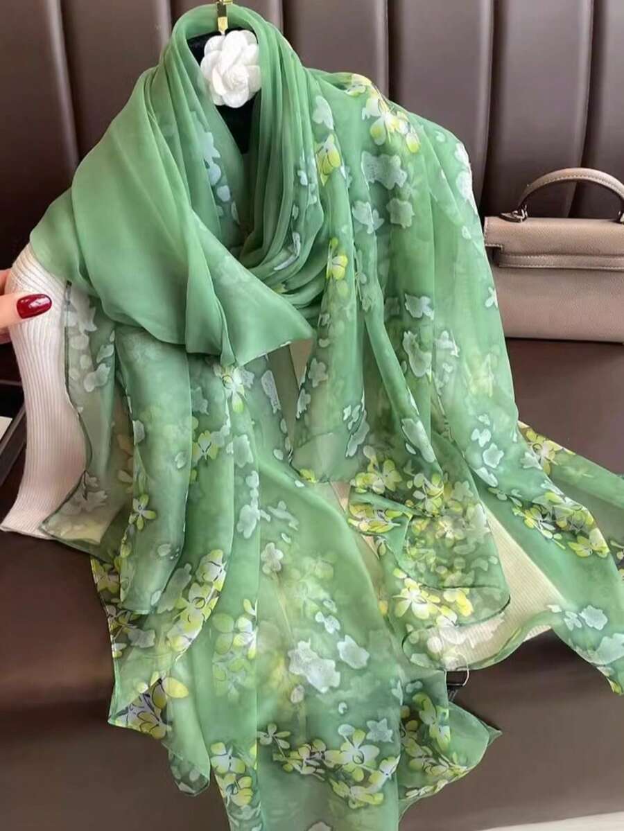 1pc Green Chiffon Scarf For Women, Lightweight Spring Autumn Versatile Artistic Travel Sun Protection Shawl Neck Wrap