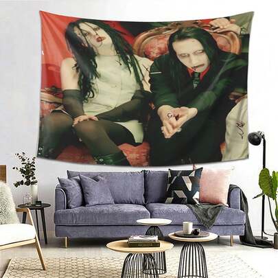 1PC Marilyn Manson & Twiggy Ramirez Rapper Inspired Tapestry - A2 Size Soft Terry Cloth Fabric Vibrant Portrait Design For Reading Nooks Cozy Corners Camping & Gifts (No Electricity Needed) Gift Idea Unique Decor Piece Easy Hang Feature - Hip-Hop Fan Gift For Birthday Christmas Halloween Festival Valentine's Day Music Festival - No Electricity Needed Highquality Print Faderesistant Material