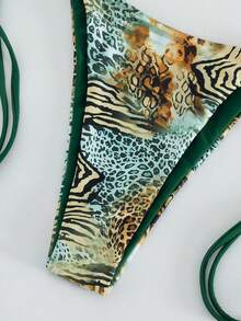 Women's Sexy Fashion Minimalist Elegant Romantic Vacation Beach Travel Party Full Body Leopard Print Beaded Halter Tie Swimsuit Set, Spring/Summer New Arrival - Green - View 5