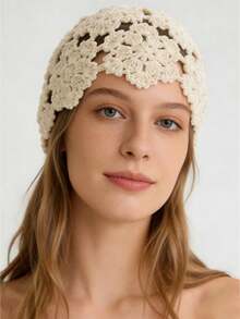 1 件优雅纯色钩针编织便帽，适合春秋季节、休闲、派对，非常适合节日庆祝，时尚头饰，轻便帽子 - A - 查看 2